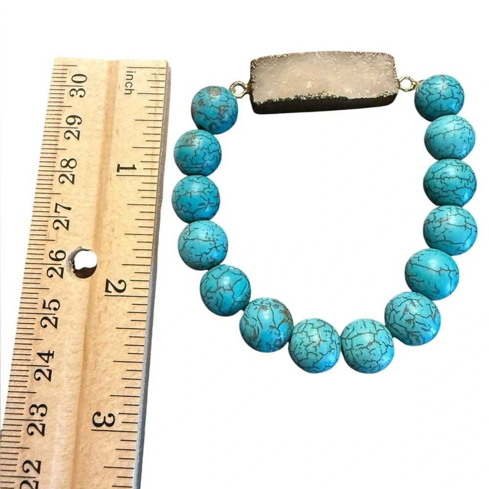 Turquoise Color Beaded Druzy Bar Stretch Bracelet